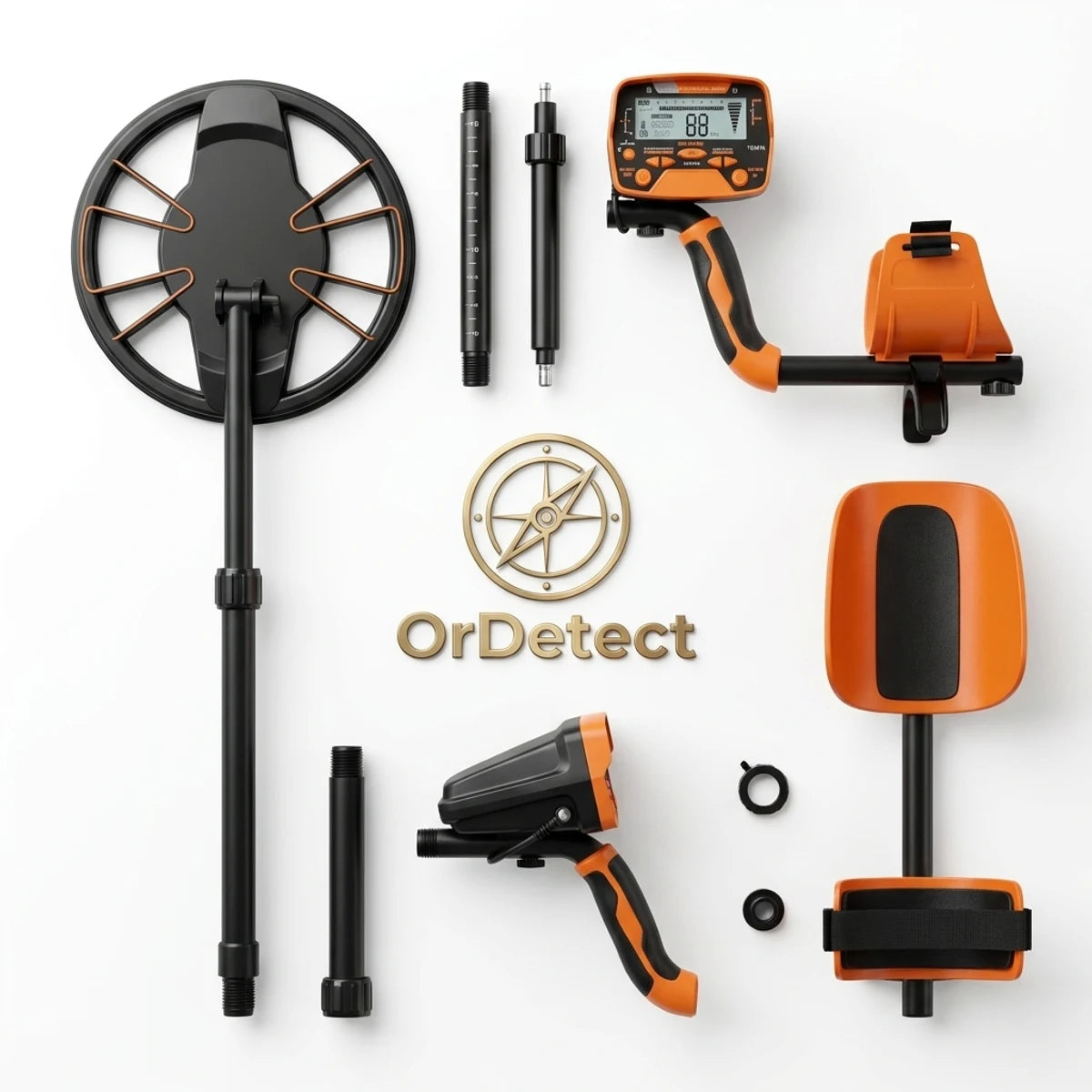 Vue éclatée du détecteur Ordetect et de ses composants : bobine, tiges, poignée, repose-bras et accessoires