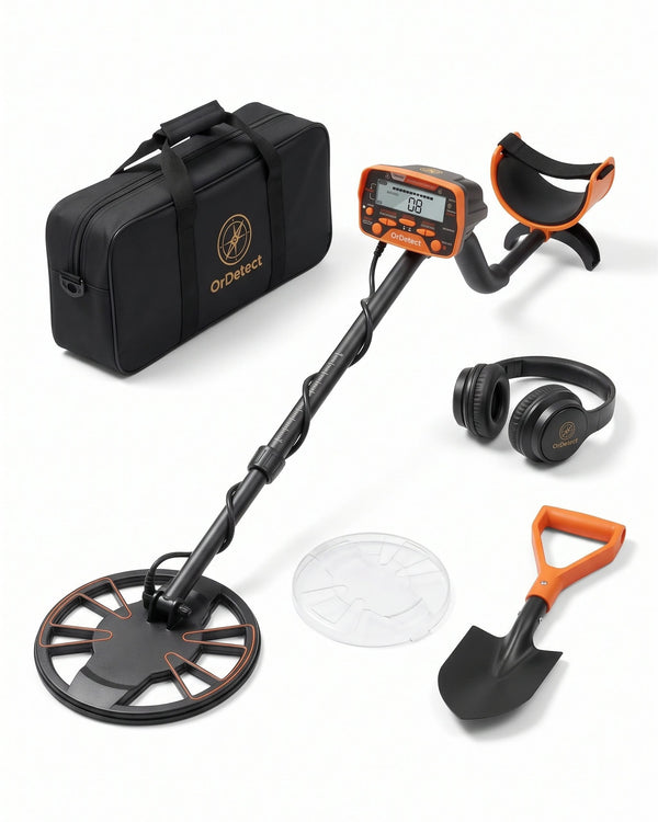 Détecteur de métaux Ordetect pack complet : détecteur avec bobine 10 pouces, sacoche, pelle, casque et protège-bobine