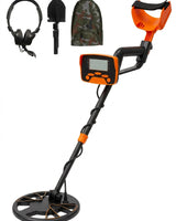 Détecteur de métaux Ordetect Initiation : détecteur bobine 21 cm, casque audio, pelle pliante et pochette camouflage, sur fond blanc