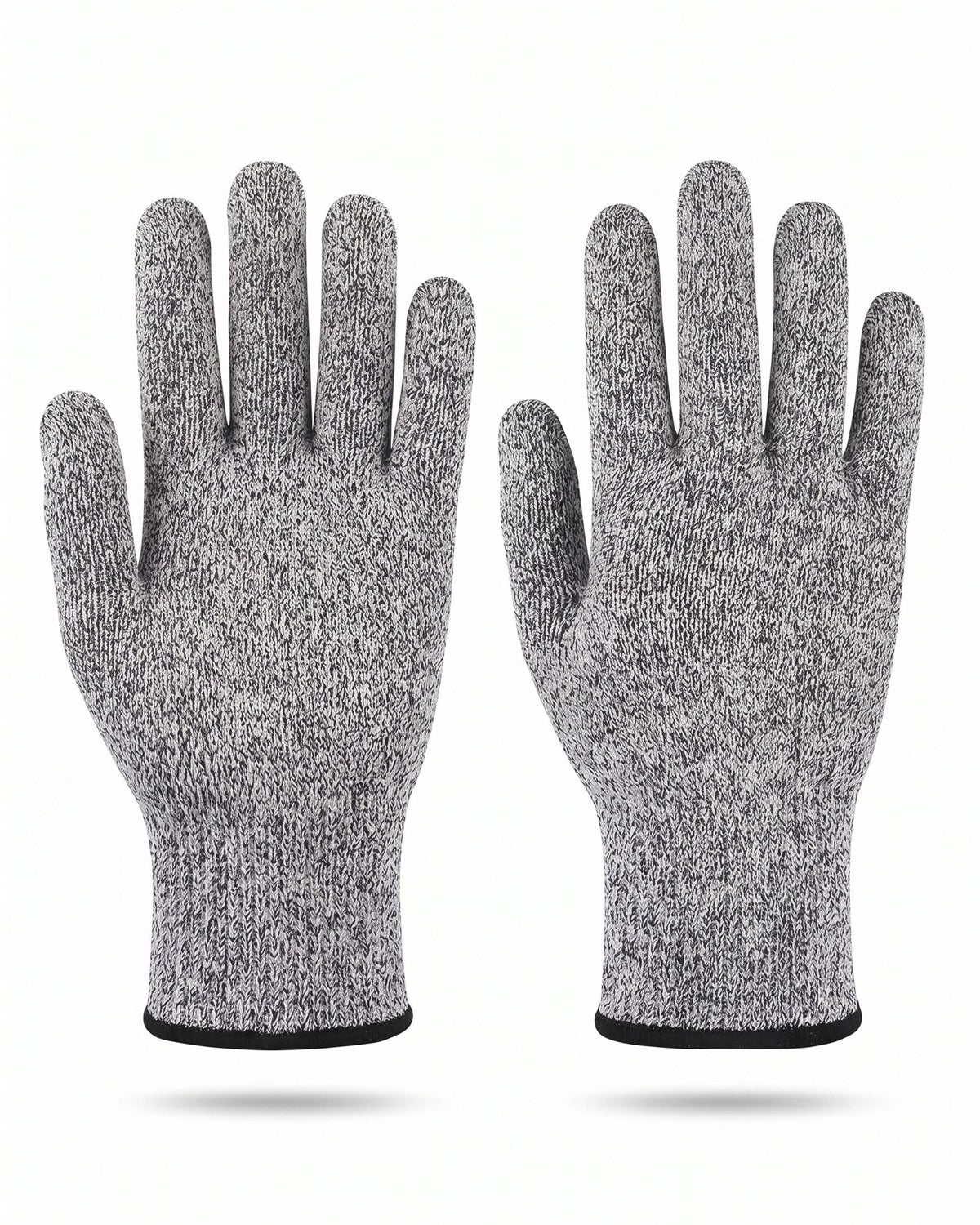 Gants anti-coupure niveau 5 Ordetect, paire en tricot HPPE gris chiné avec poignet élastique noir, sur fond blanc