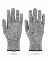 Gants anti-coupure niveau 5 Ordetect, paire en tricot HPPE gris chiné avec poignet élastique noir, sur fond blanc