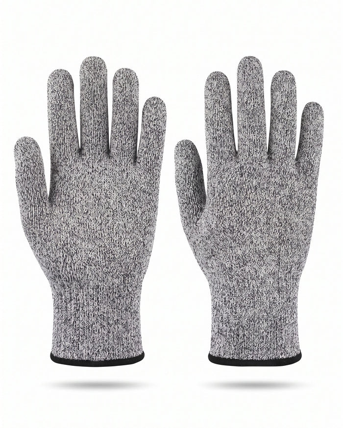 Gants anti-coupure niveau 5 Ordetect, paire en tricot HPPE gris chiné avec poignet élastique noir, sur fond blanc