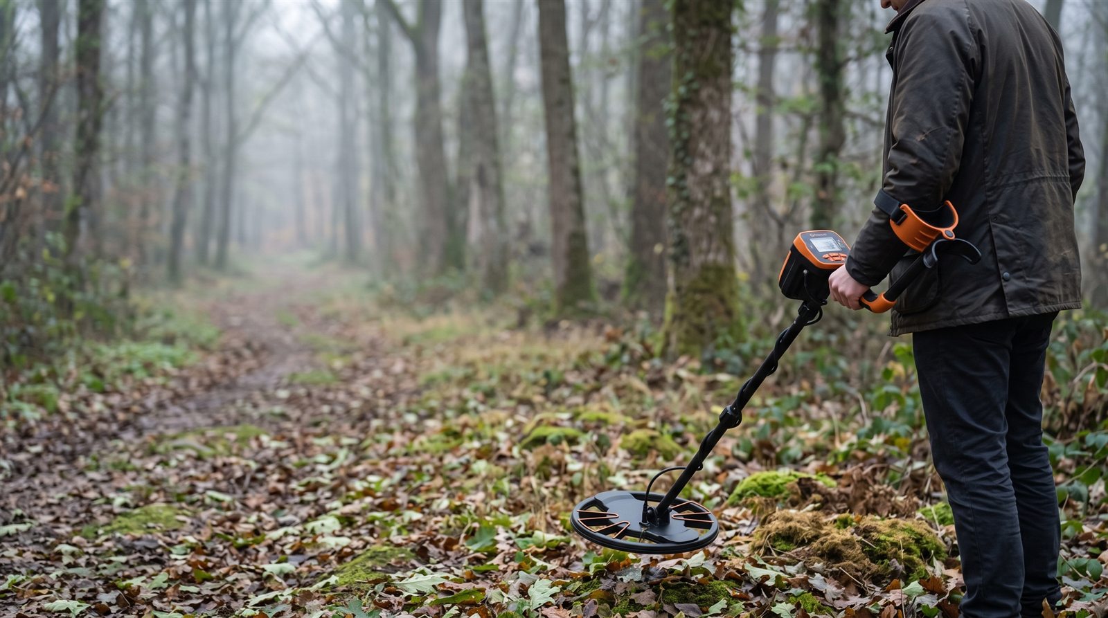 Prospecteur balayant un chemin forestier avec le détecteur de métaux Ordetect, par un matin brumeux
