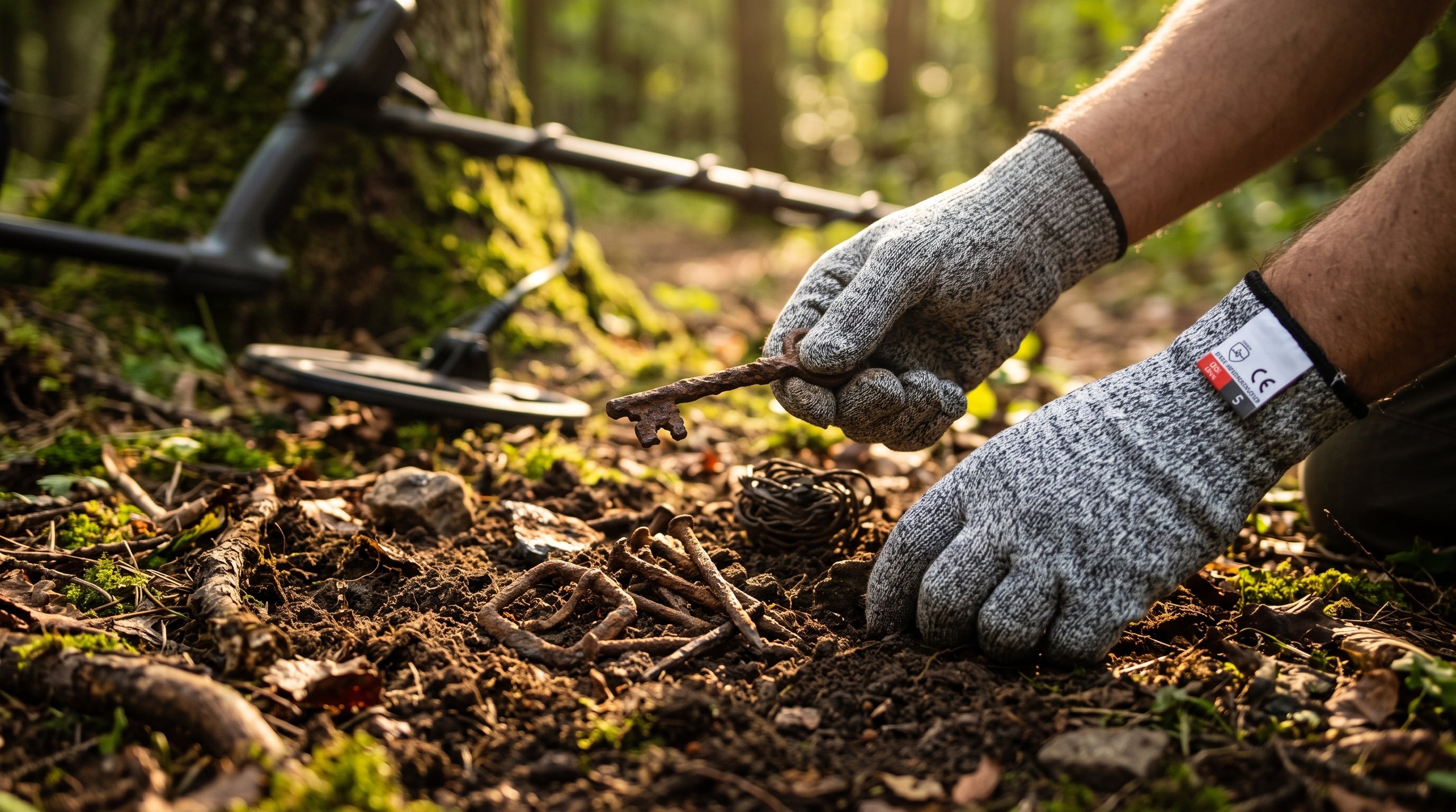 Clé ancienne et clous rouillés déterrés en forêt, posés sur un gant