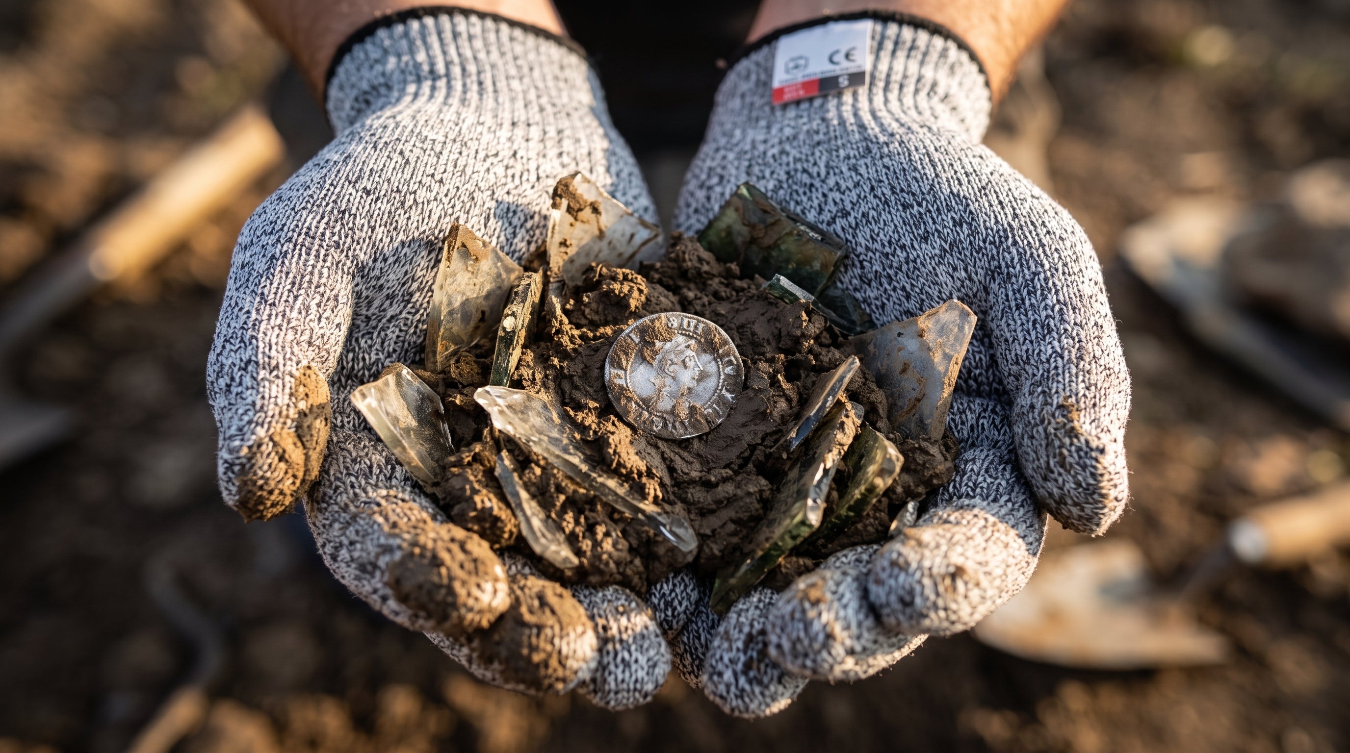 Monnaie ancienne et éclats de verre dans une main gantée, juste sortis de terre