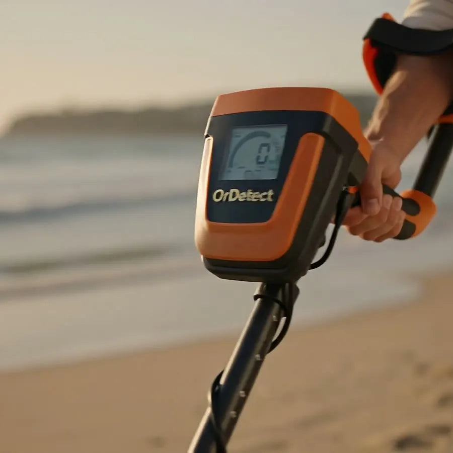Prospection au détecteur de métaux sur une plage, au coucher du soleil