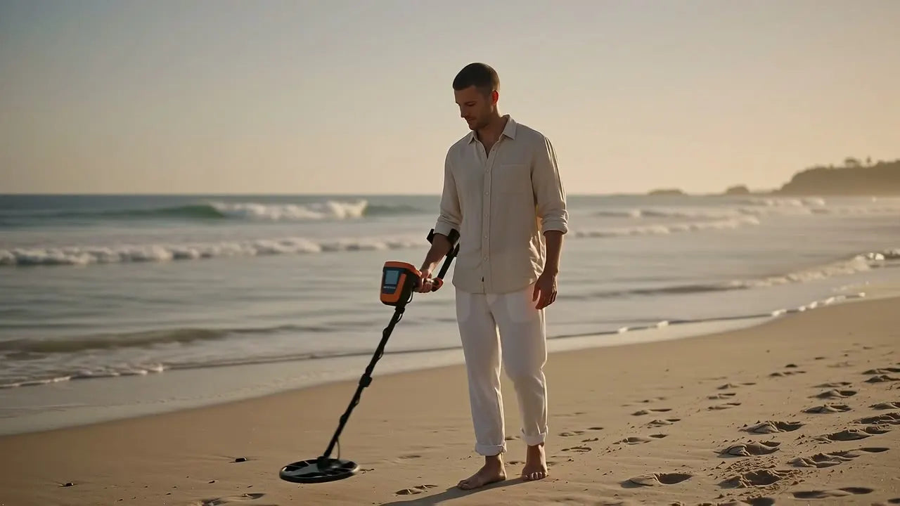 Prospection au détecteur de métaux sur une plage au coucher du soleil
